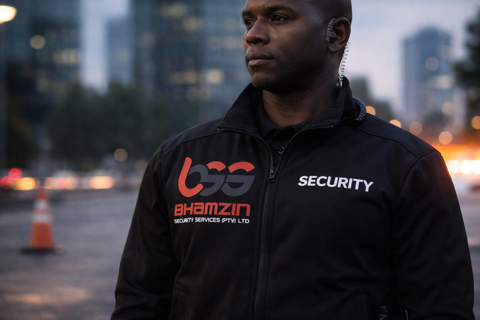 Urban security guard at twilight